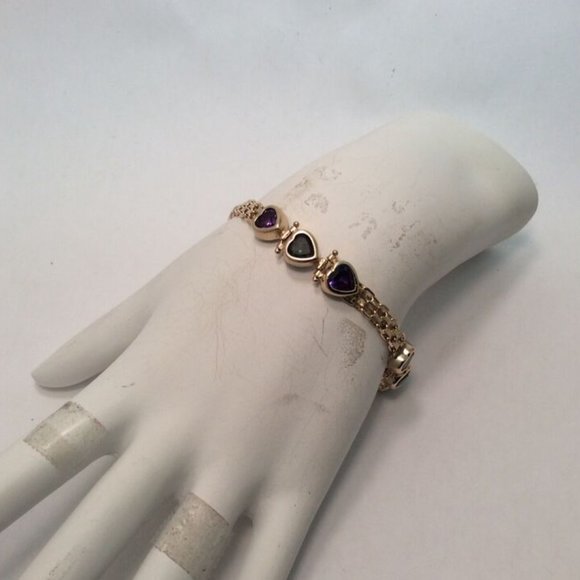 14k Solid Yellow Gold Bismark  Bizmark Heart CZ Purple Green Lady Bracelet 15.8g - Picture 8 of 9